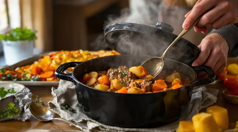Accueil Cette cocotte de bœuf haché, pommes de terre et carottes donne un dîner généreux ce soir