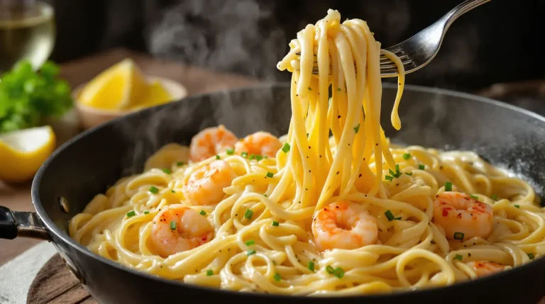 Linguine aux poireaux, crème onctueuse et crevettes vraiment gourmandes