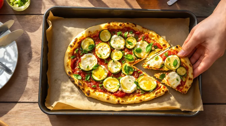 La pizzette aux courgettes sur pâte sans gluten, fromage frais et oignon vert, qui change de la pizza