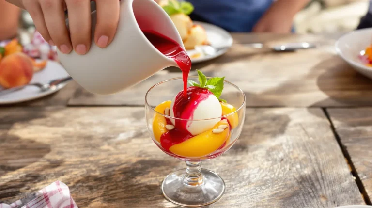 Coulis de framboises crues sur pêches et glace vanille : mes invités ont pensé que tout venait du glacier Coulis de framboises crues sur pêches et glace vanille : mes invités ont pensé que tout venait du glacier