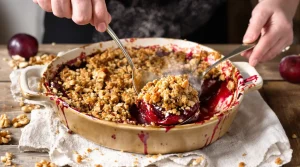 J’ai émietté une pâte aux noix sur mes prunes : mes invités m’ont demandé l’adresse de la pâtisserie